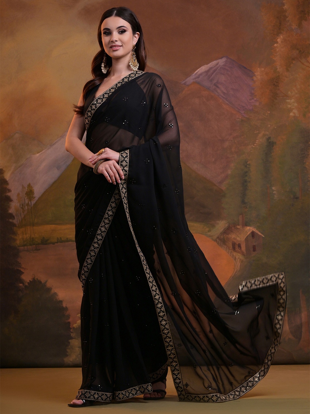 

CANIZZARO Sequinned Pure Georgette Saree, Black