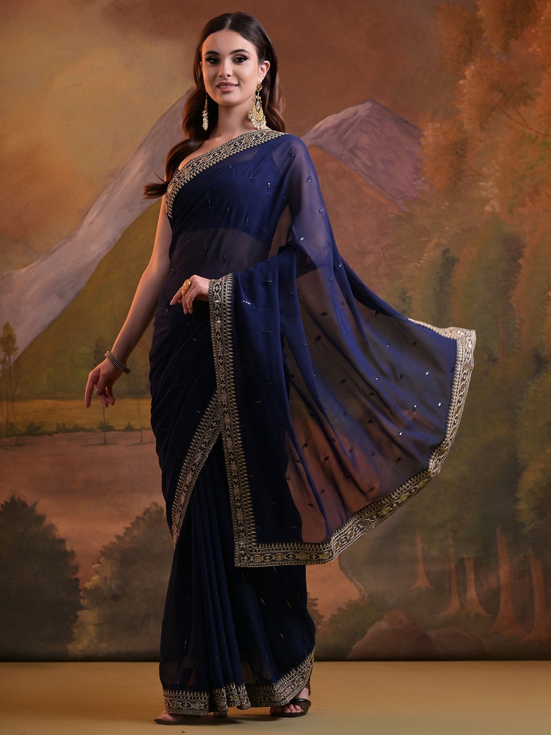 

CANIZZARO Embroidered Sequinned Pure Georgette Saree, Blue