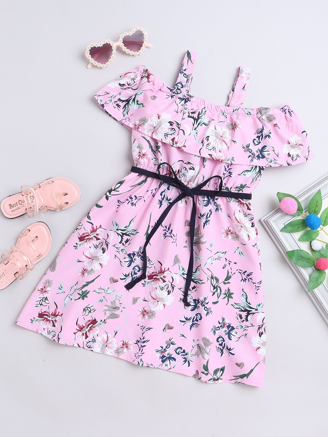 

FOURFOLDS Floral Printed Cold-Shoulder Fit & Flare Dress, Pink