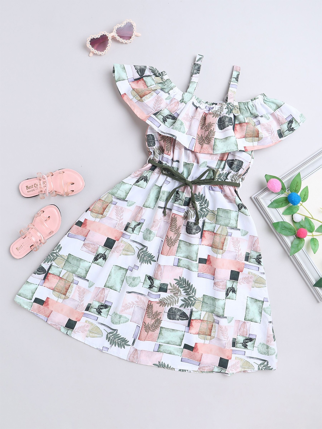 

FOURFOLDS Girls Floral Printed Cold-Shoulder Fit & Flare Dress, Green