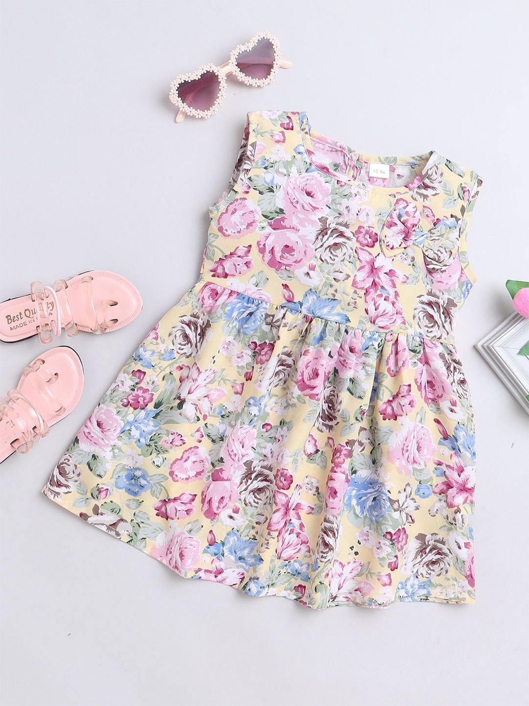 

FOURFOLDS Girls Floral Printed Fit & Flare Dress, Yellow