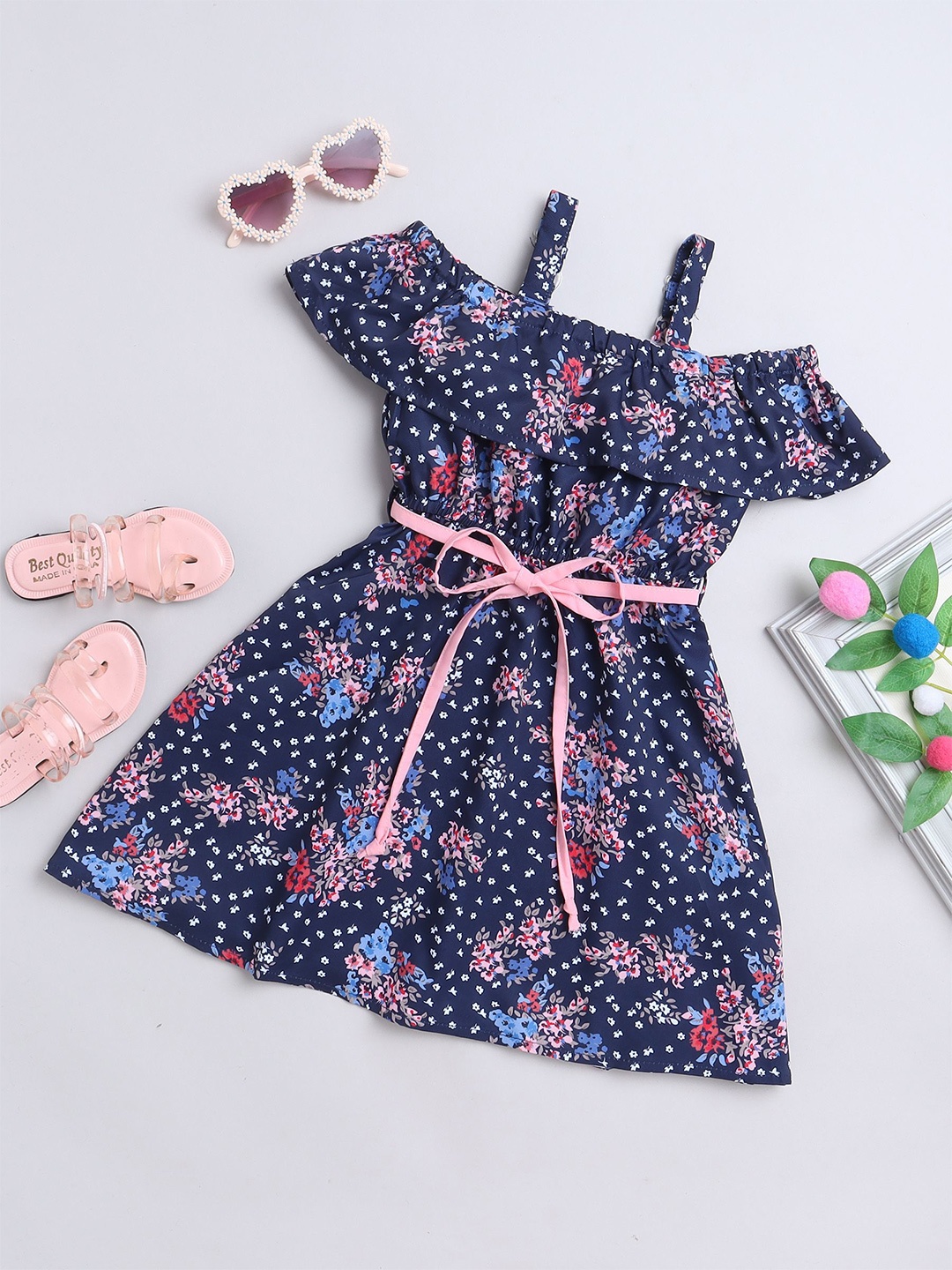 

FOURFOLDS Floral Print Cold-Shoulder Fit & Flare Dress, Navy blue