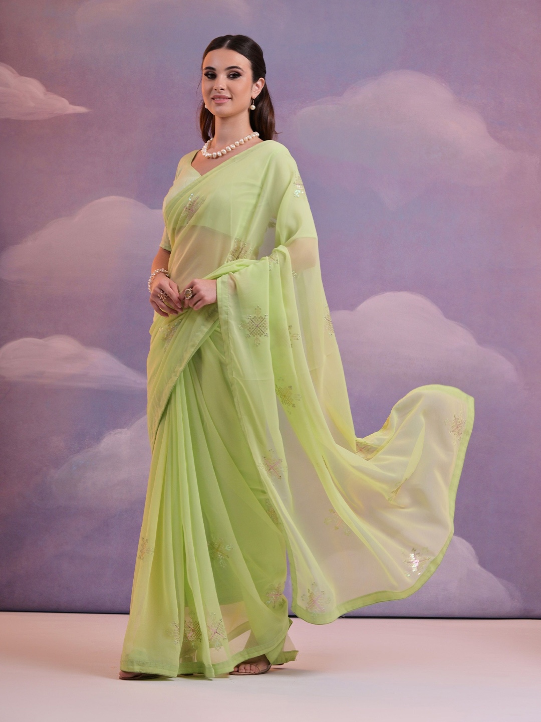 

KALINI Embellished Sequinned Pure Georgette Saree, Lime green