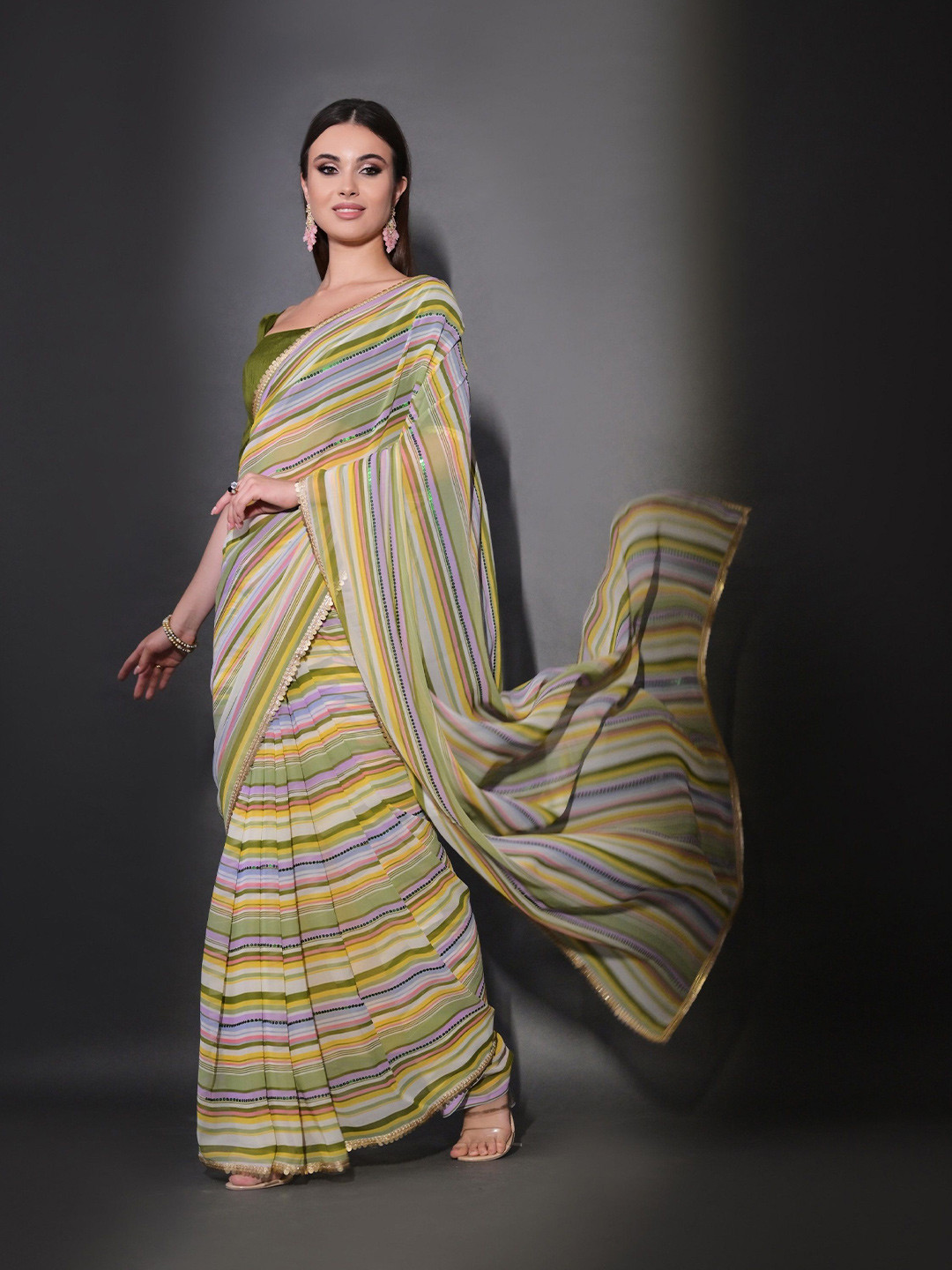 

KALINI Embellished Sequinned Pure Georgette Saree, Green