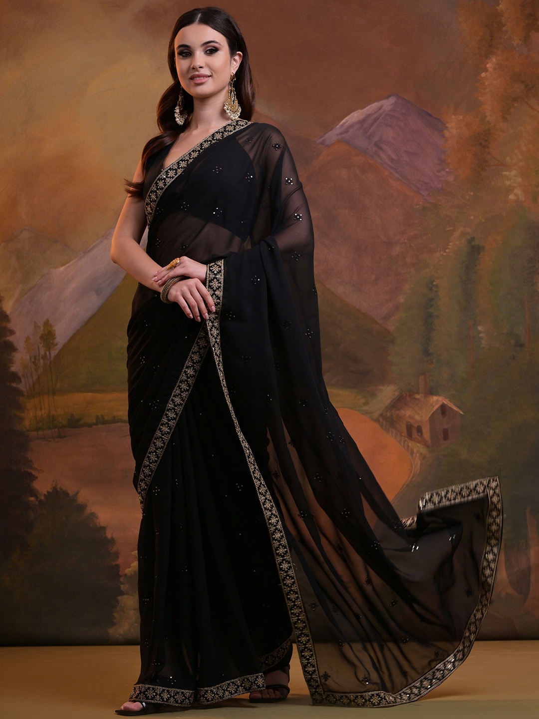 

KALINI Pure Georgette Sequinned Embellished Party Saree, Black