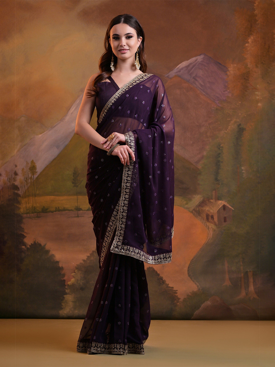 

KALINI Floral Sequinned Pure Georgette Saree, Magenta