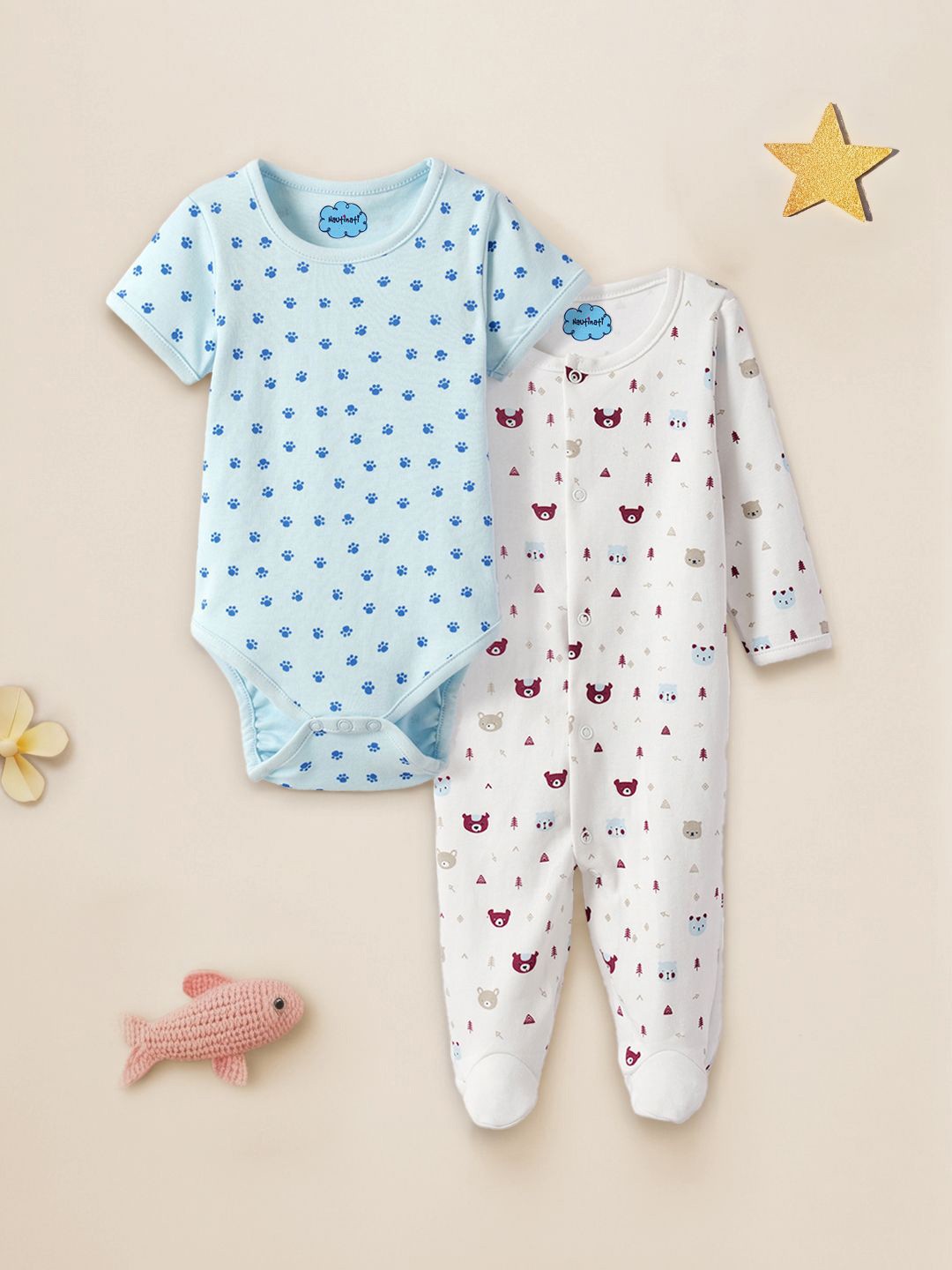 

Nauti Nati Infants Pack Of 2 Printed Pure Cotton Kids-Unisex Bodysuit, White