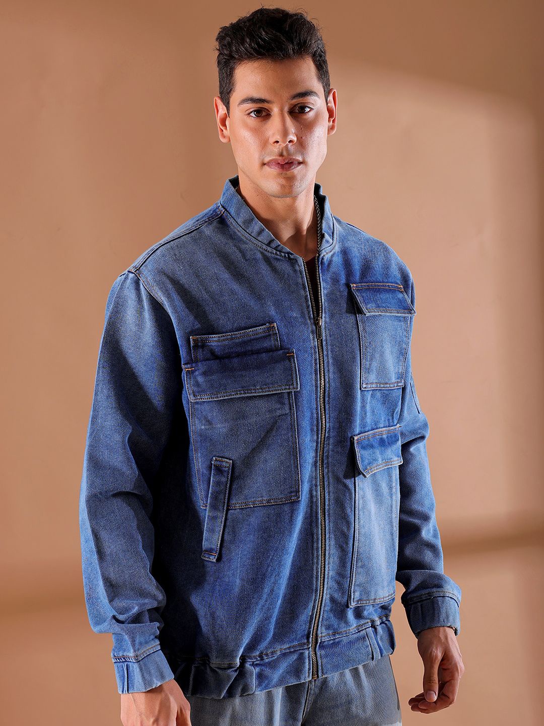 

The Indian Garage Co Men Washed Outdoor Denim Jacket with Embroidered, Blue