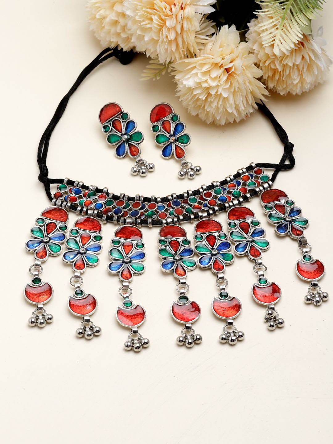 

Moedbuille Silver-Plated Stone-Studded & Beaded Jewellery Set