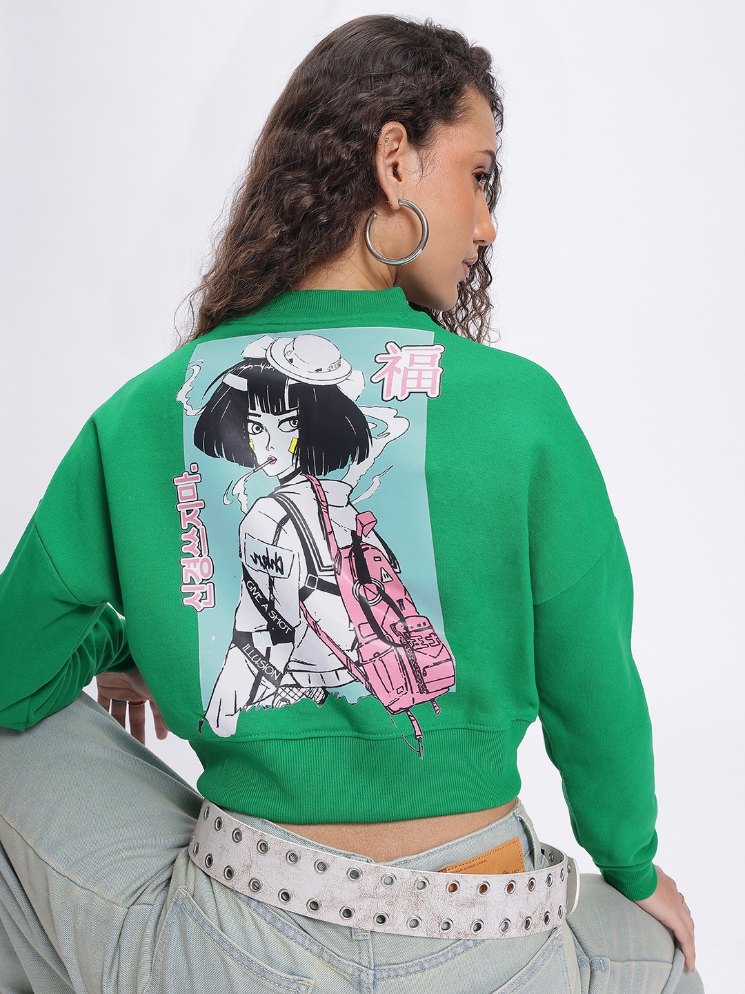 

DressBerry Streetstyle Edge Graphic Print Drop-Shoulder Crop Sweatshirt, Green