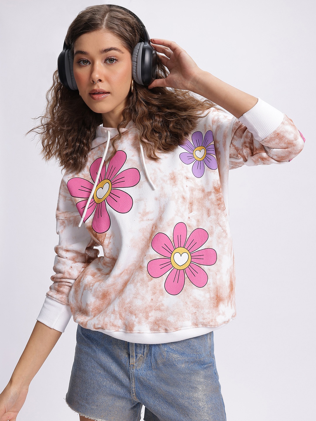 

DressBerry Color Carnival Floral Printed Drop-Shoulder Sleeves Hooded Sweatshirt, White