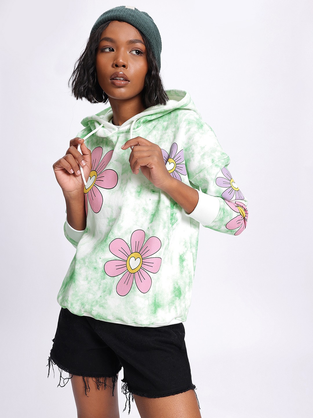 

DressBerry Whirlwind Colors Floral Printed Drop-Shoulder Sleeves Hooded Sweatshirt, White