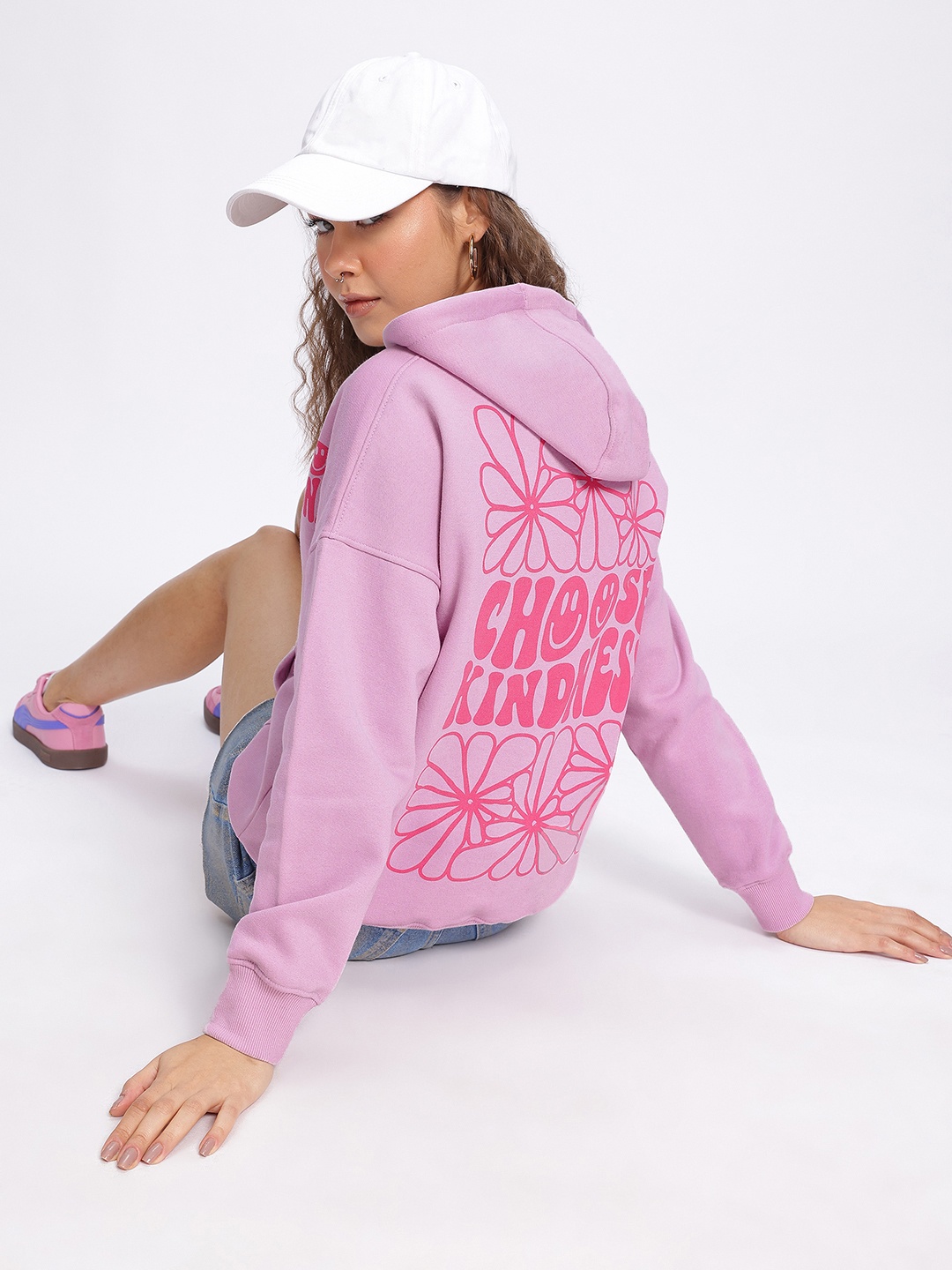 

DressBerry Chic Blossoms Printed Drop-Shoulder Sleeves Hooded Sweatshirt, Pink