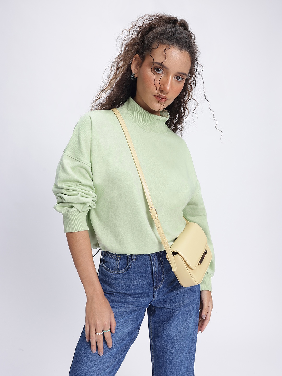 

DressBerry Comfy Edge High Neck Drop-Shoulder Crop Sweatshirt, Green