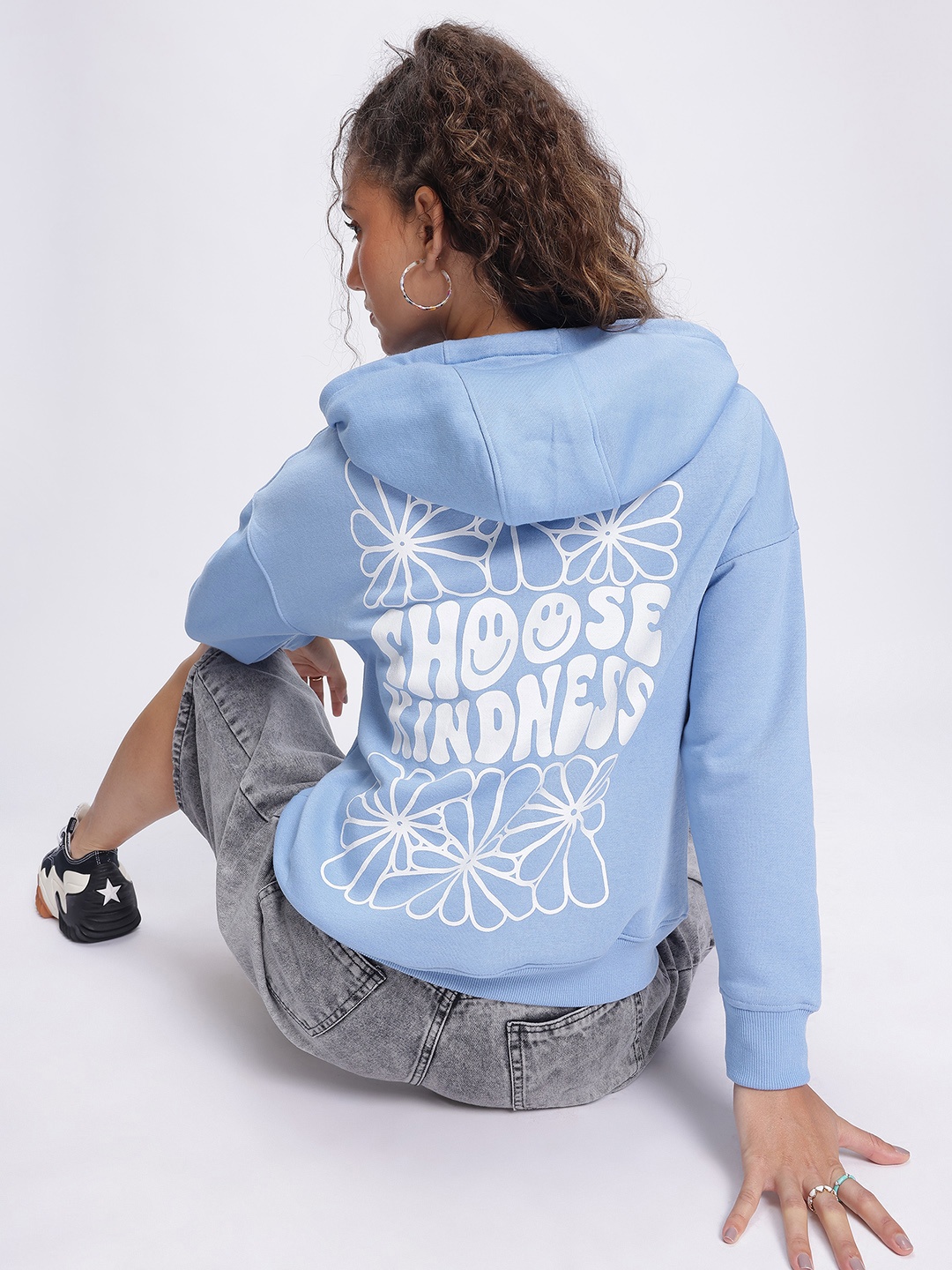 

DressBerry Minimalist Message Typo Print Drop-Shoulder Hooded Sweatshirt, Blue