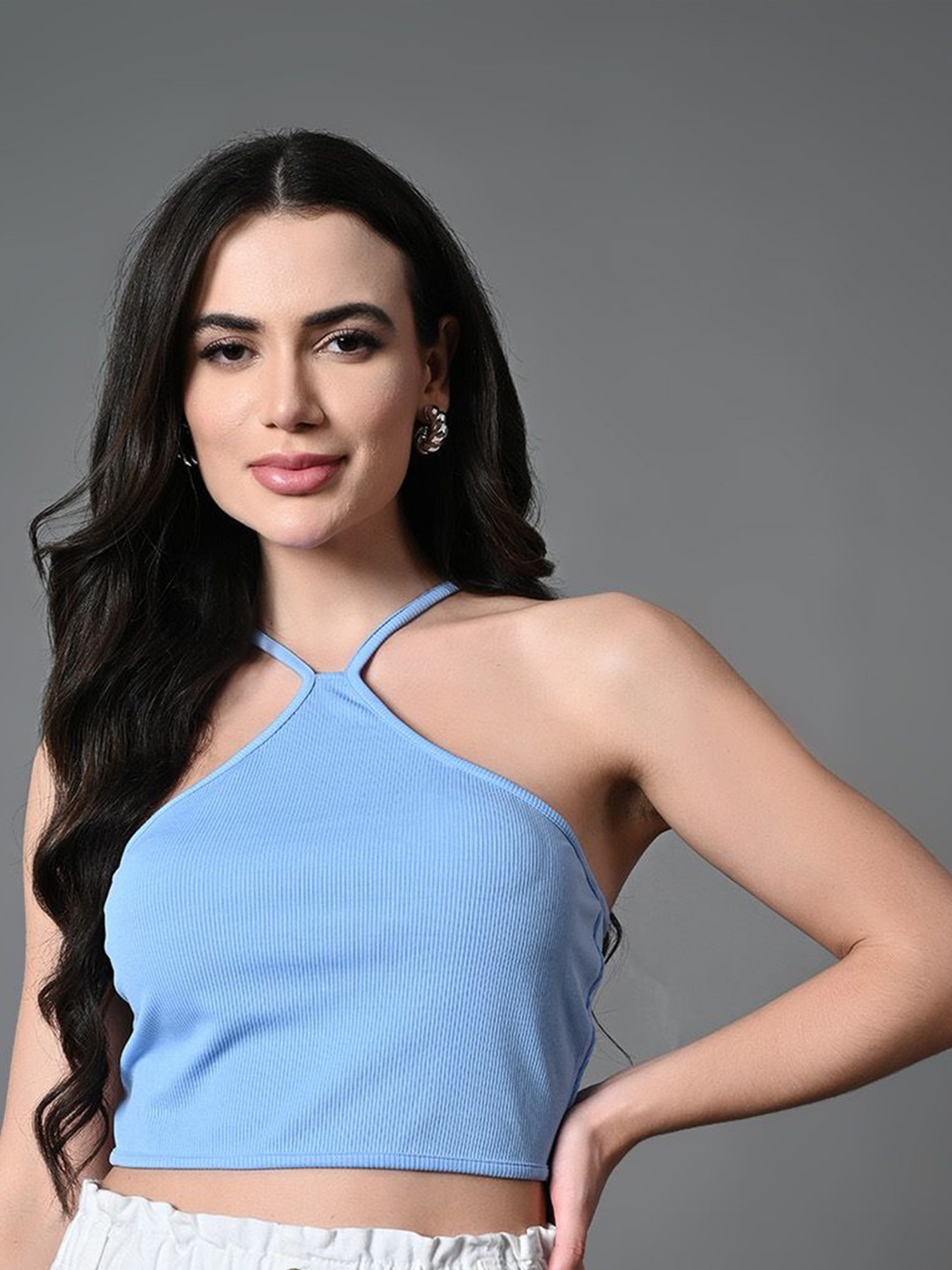 

The Roadster Lifestyle Co Women Halter Neck Crop Tops, Blue