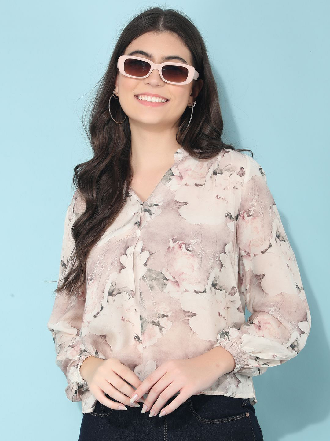 

Crimsoune Club Floral Print Mandarin Collar Shirt Style Top, Peach