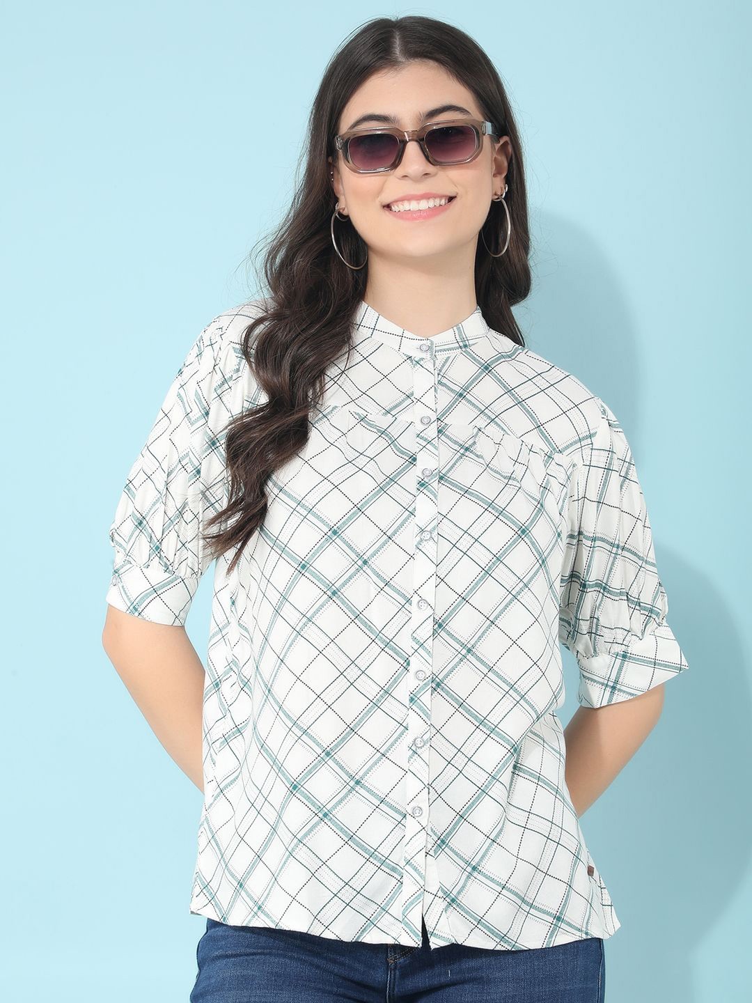 

Crimsoune Club Women Checked Bishop Sleeves Top, White