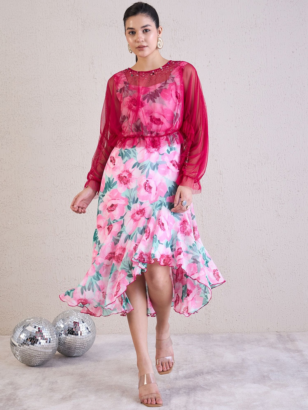 

MEDLEY BY ANTHEAA Floral Printed A-Line Dress With Shrug, Pink