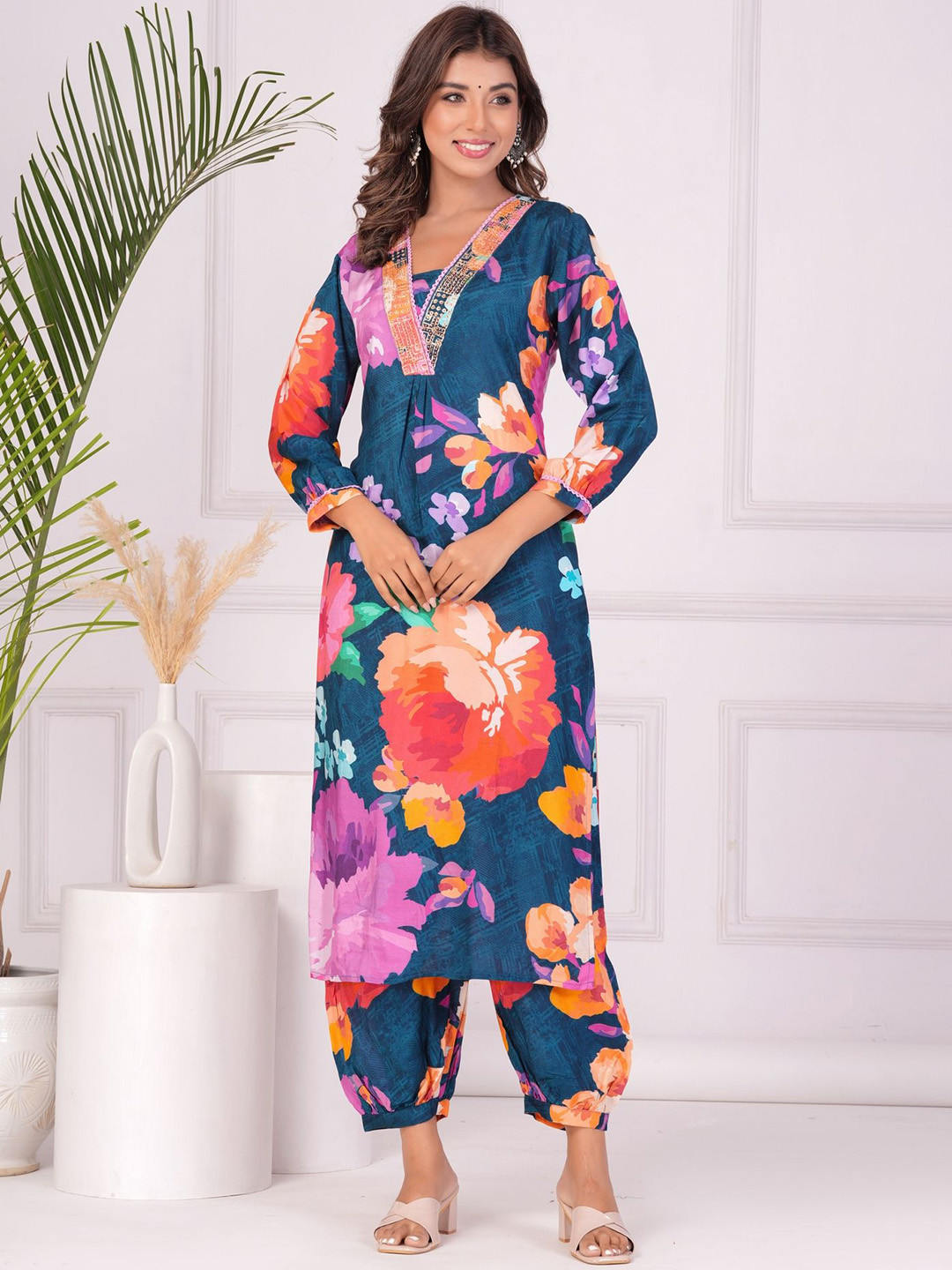 

KALINI Floral Printed V-Neck Beads and Stones Pure Silk Straight Kurta with Salwar, Blue