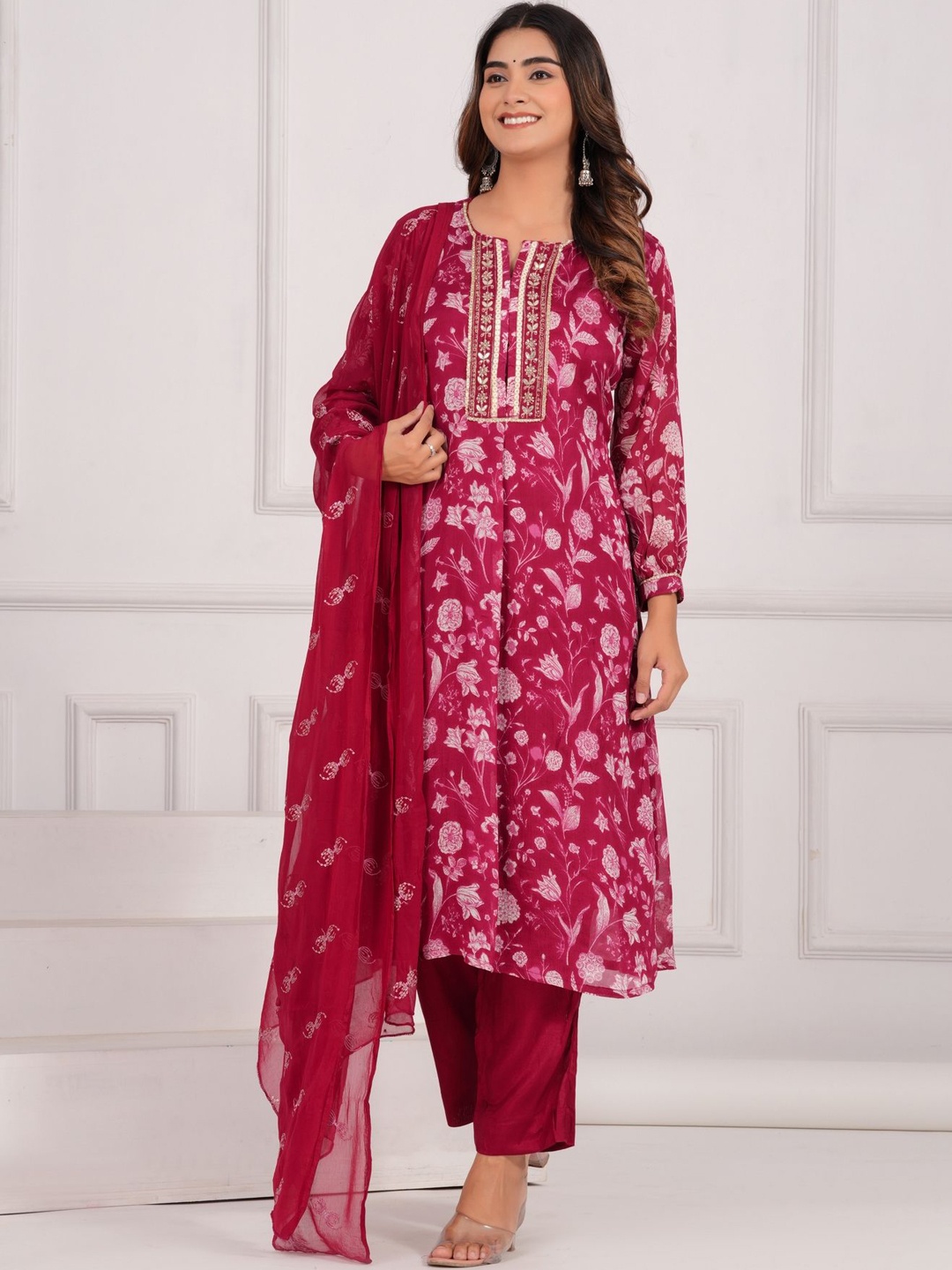 

KALINI Floral Printed Kurta with Trousers & Dupatta, Maroon