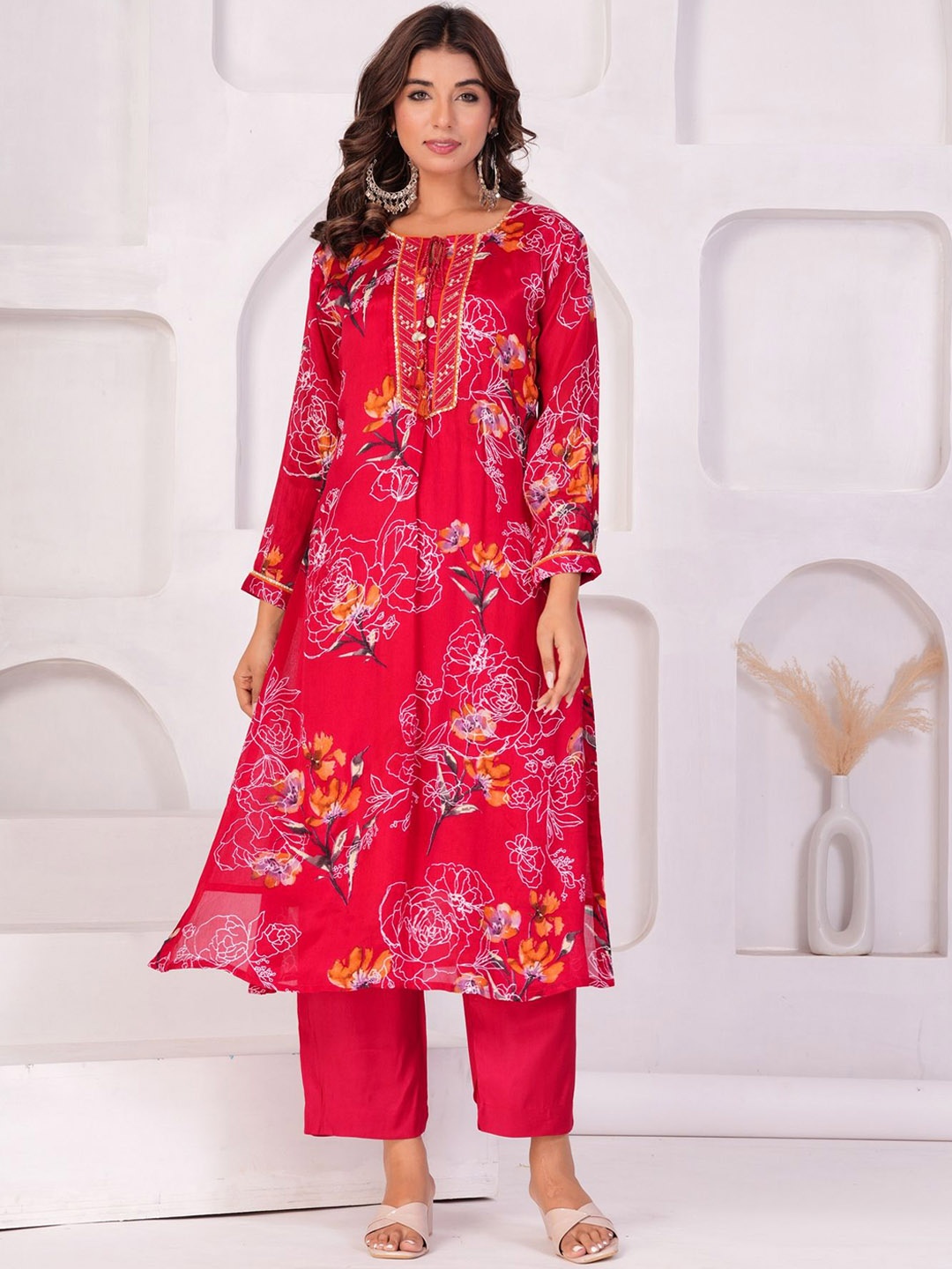 

KALINI Floral Printed Tie-Up Neck Puffed Sleeves Straight Kurta With Trousers & Dupatta, Pink