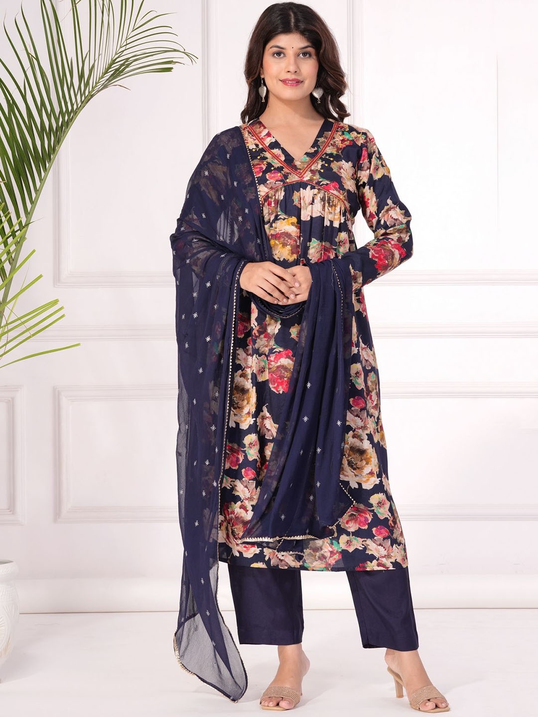 

KALINI Floral Printed Pure Silk Kurta with Trousers & Dupatta, Blue