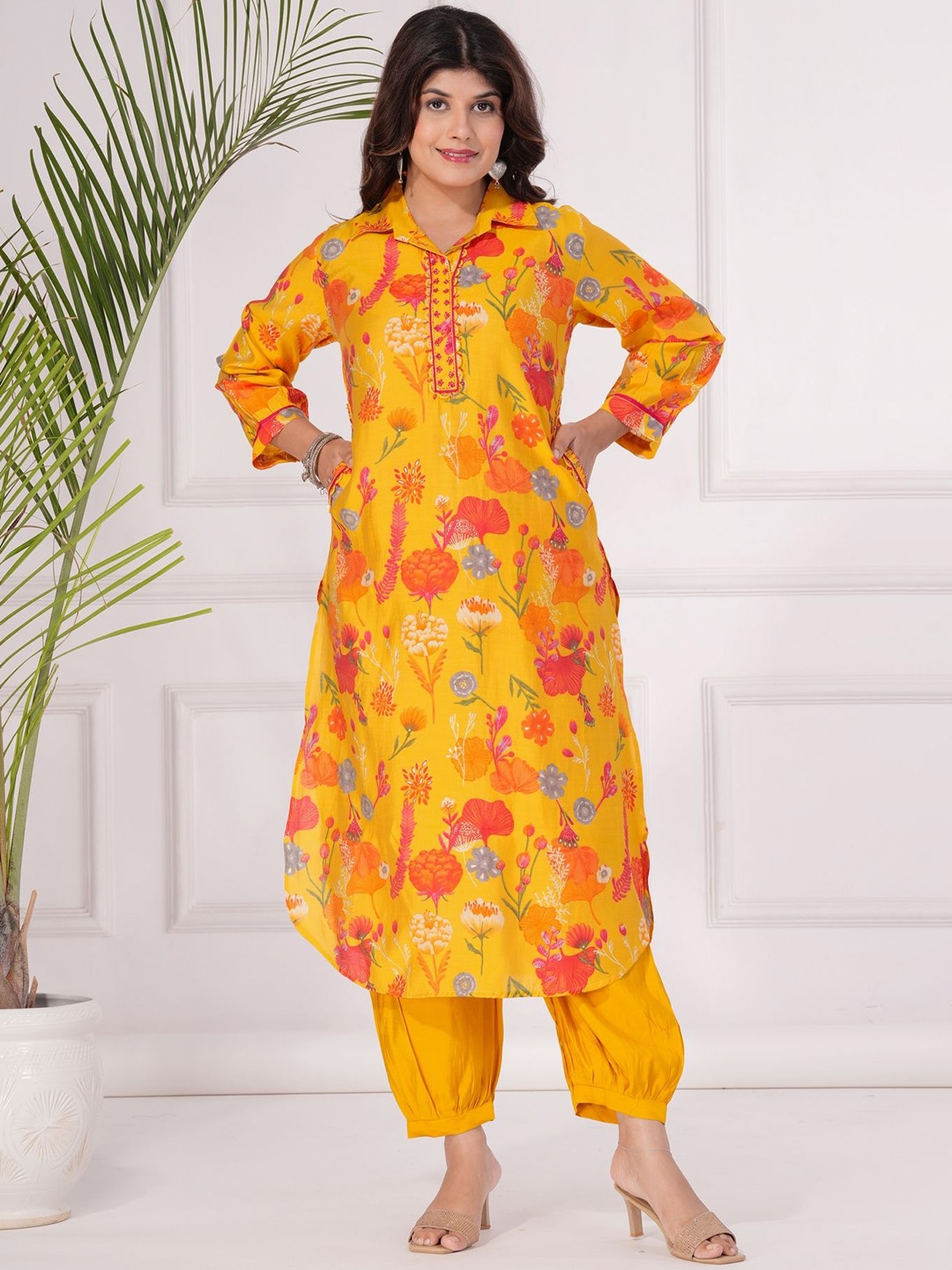 

KALINI Floral Printed Shirt Collar Sequinned Straight Kurta with Salwar, Yellow