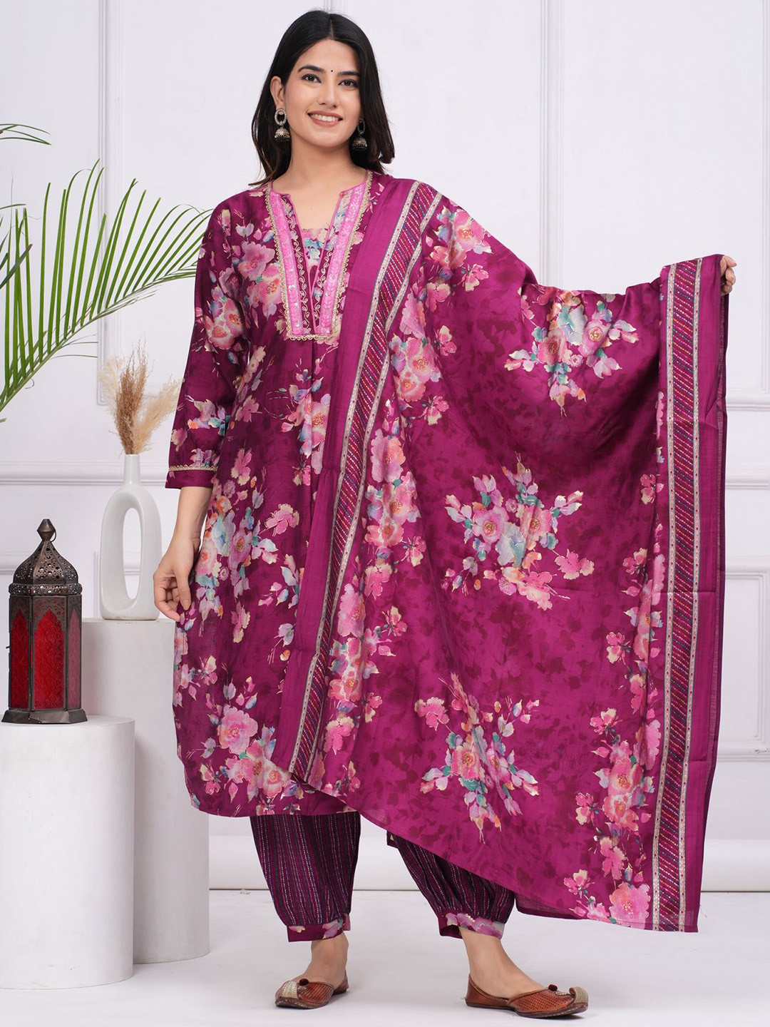 

KALINI Floral Printed Beads and Stones Pure Silk Anarkali Kurta with Trousers & Dupatta, Maroon