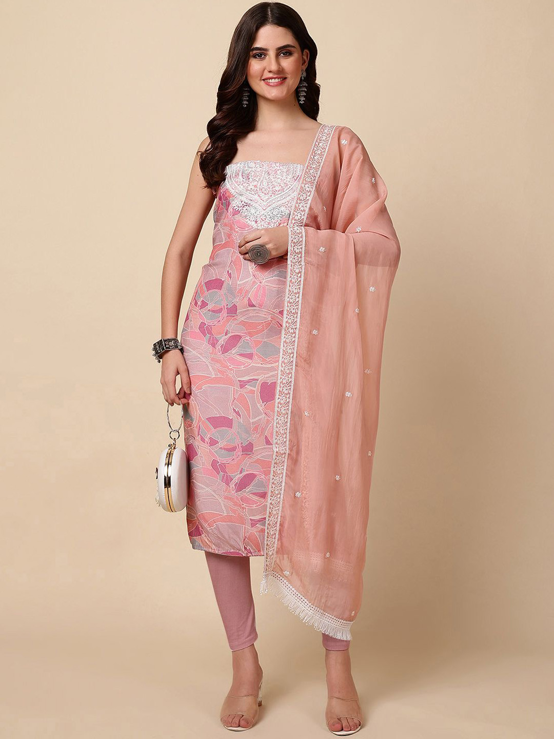 

Meena Bazaar Abstract Printed Embroidered Unstitched Dress Material, Pink