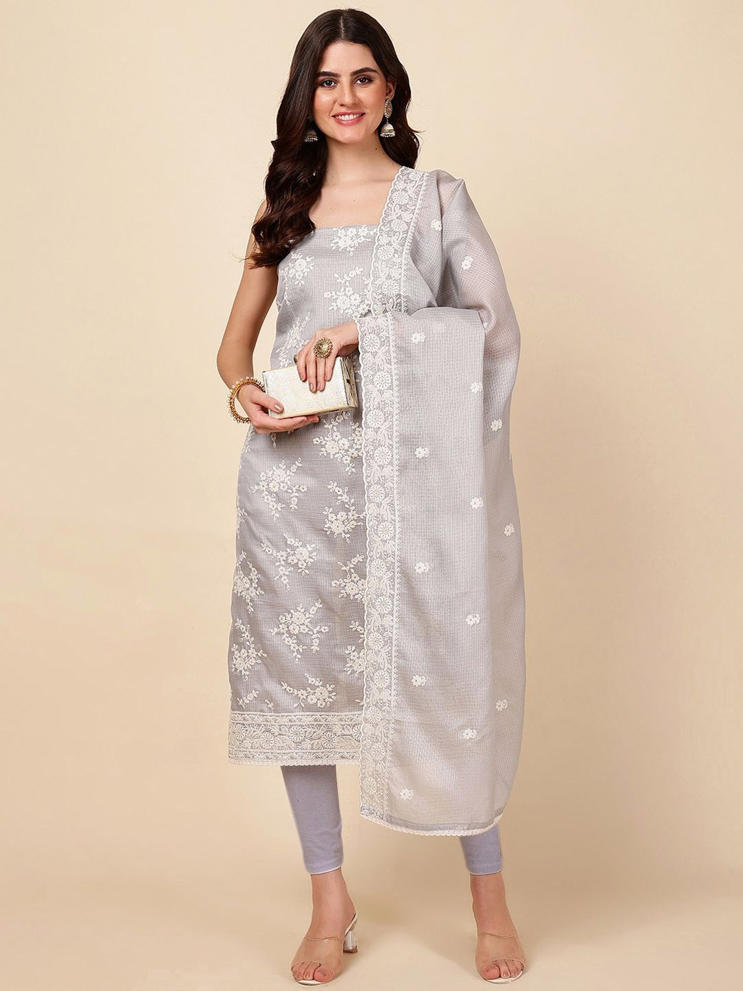 

Meena Bazaar Floral Embroidered Unstitched Dress Material, Grey