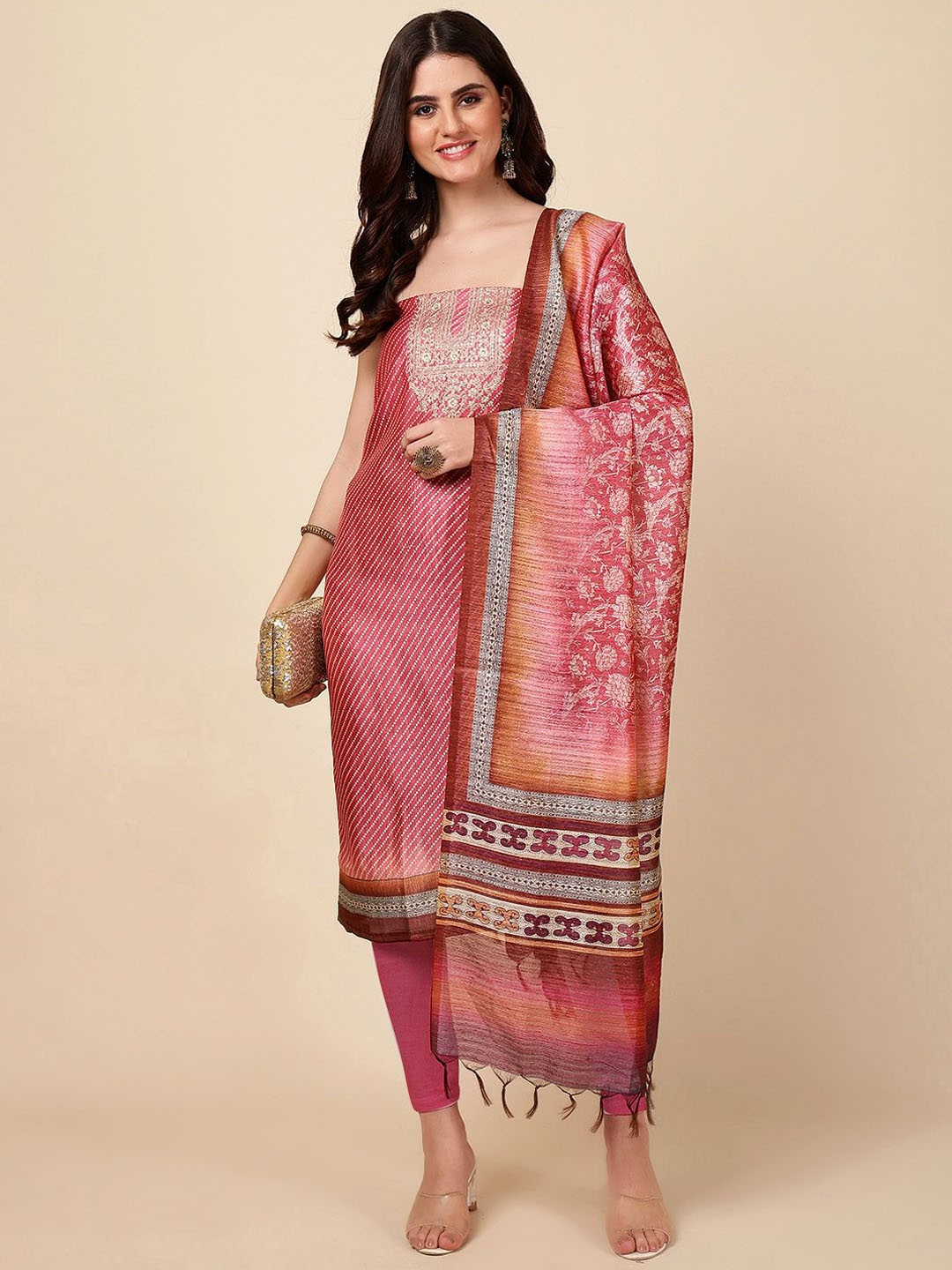 

Meena Bazaar Geometric Printed Art Silk Unstitched Dress Material, Pink