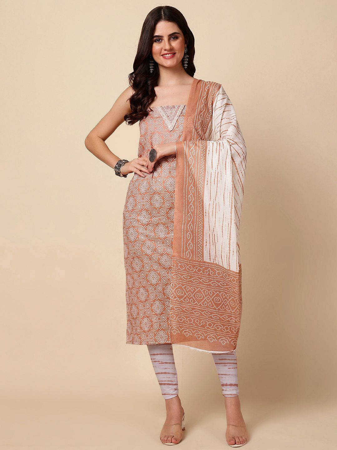 

Meena Bazaar Bandhani Printed Unstitched Dress Material, Peach