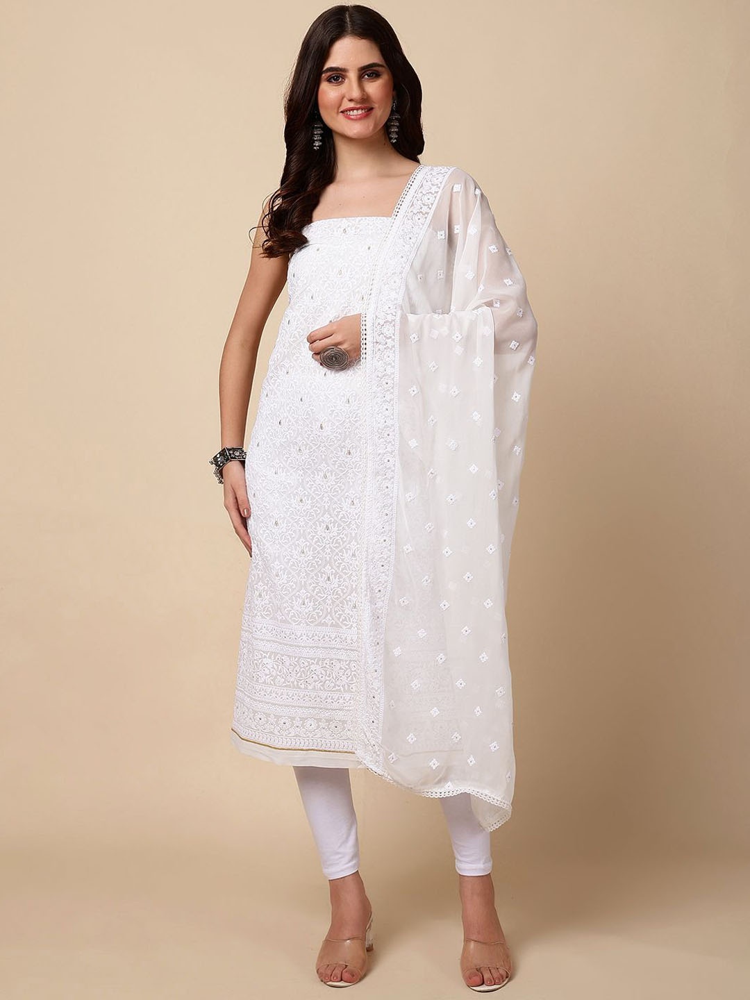 

Meena Bazaar Ethnic Motifs Embroidered Unstitched Dress Material, Cream