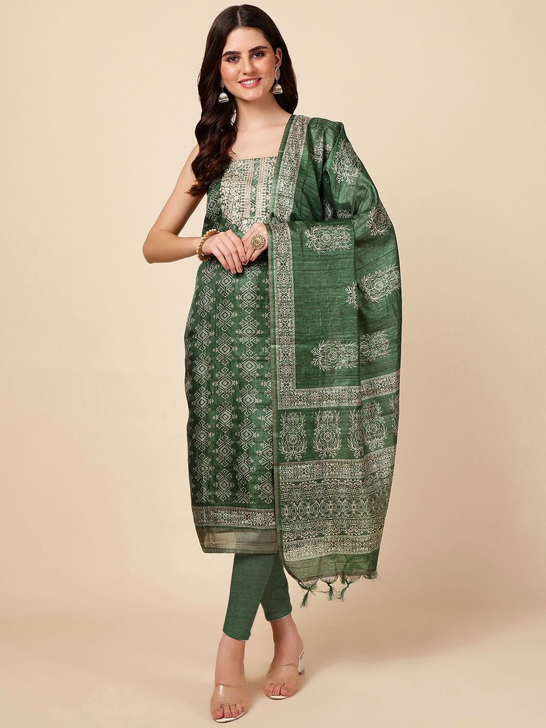 

Meena Bazaar Printed Art Silk Unstitched Dress Material, Green