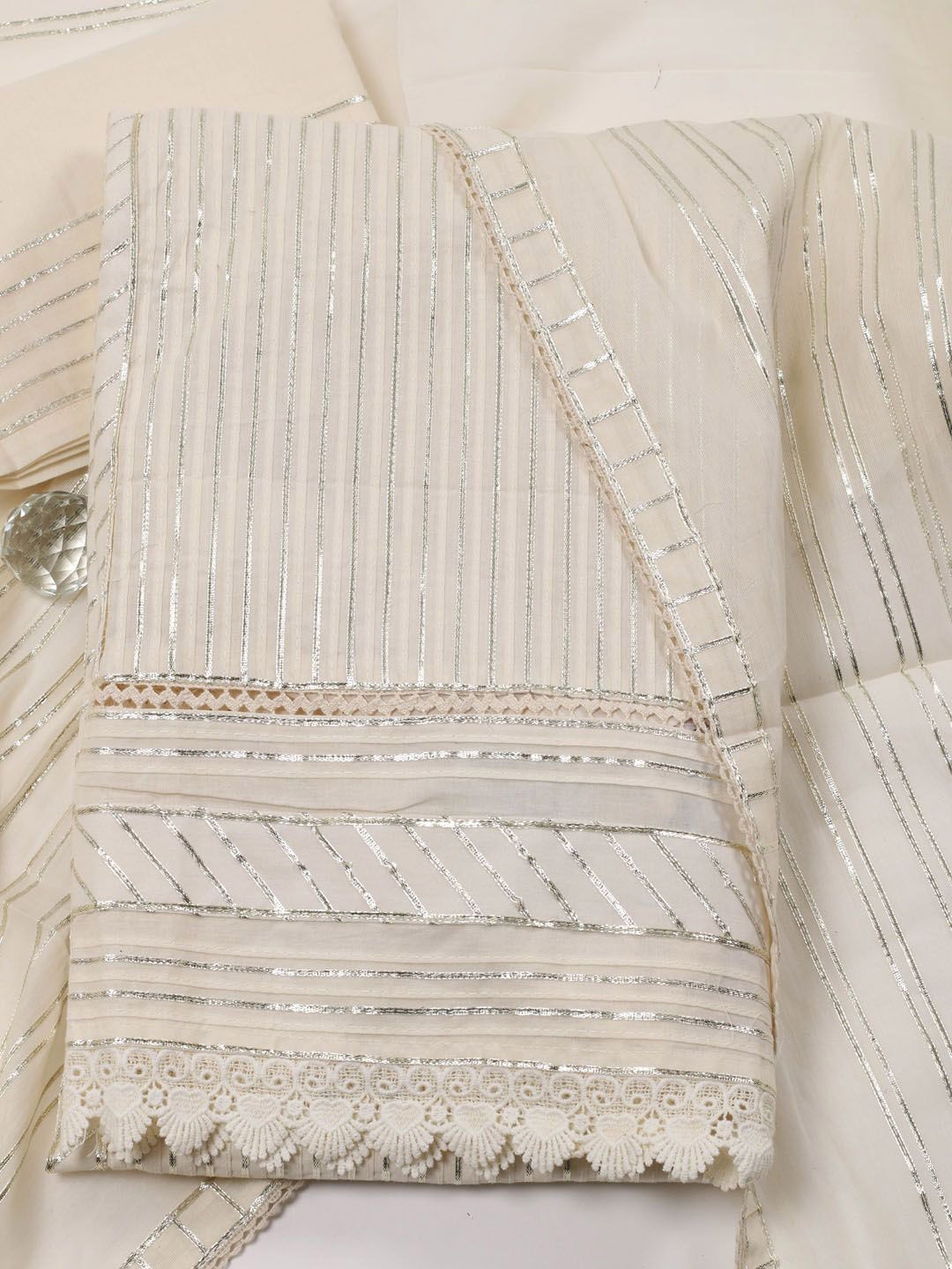 

Meena Bazaar Striped Embroidered Unstitched Dress Material, Cream