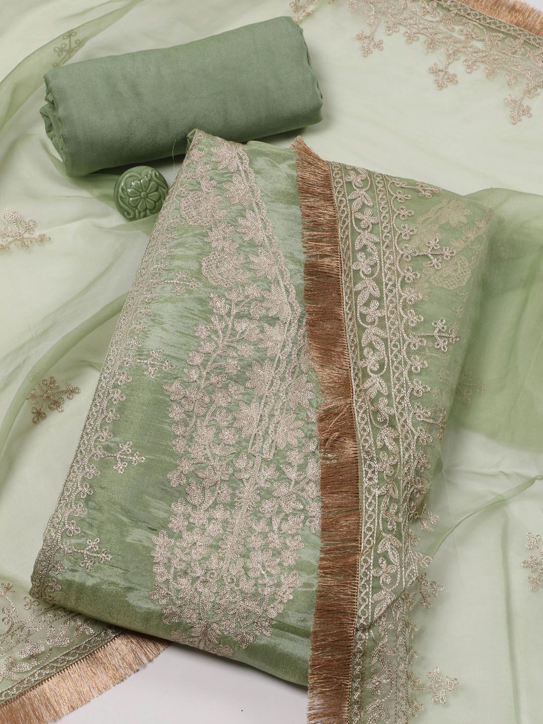 

Meena Bazaar Floral Embroidered Unstitched Dress Material, Green