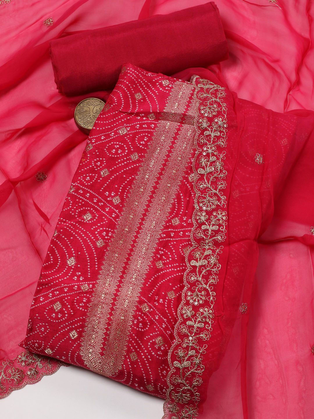 

Meena Bazaar Ethnic Motifs Woven Design Unstitched Dress Material, Pink