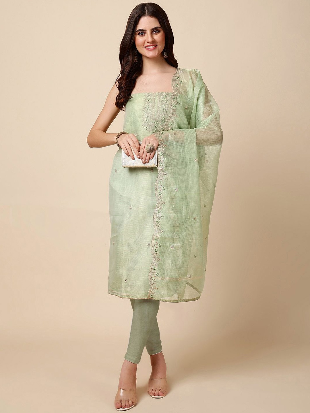 

Meena Bazaar Embroidered Art Silk Unstitched Dress Material, Green