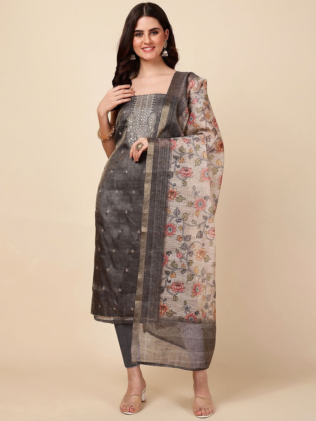 

Meena Bazaar Floral Embroidered Art Silk Unstitched Dress Material, Grey