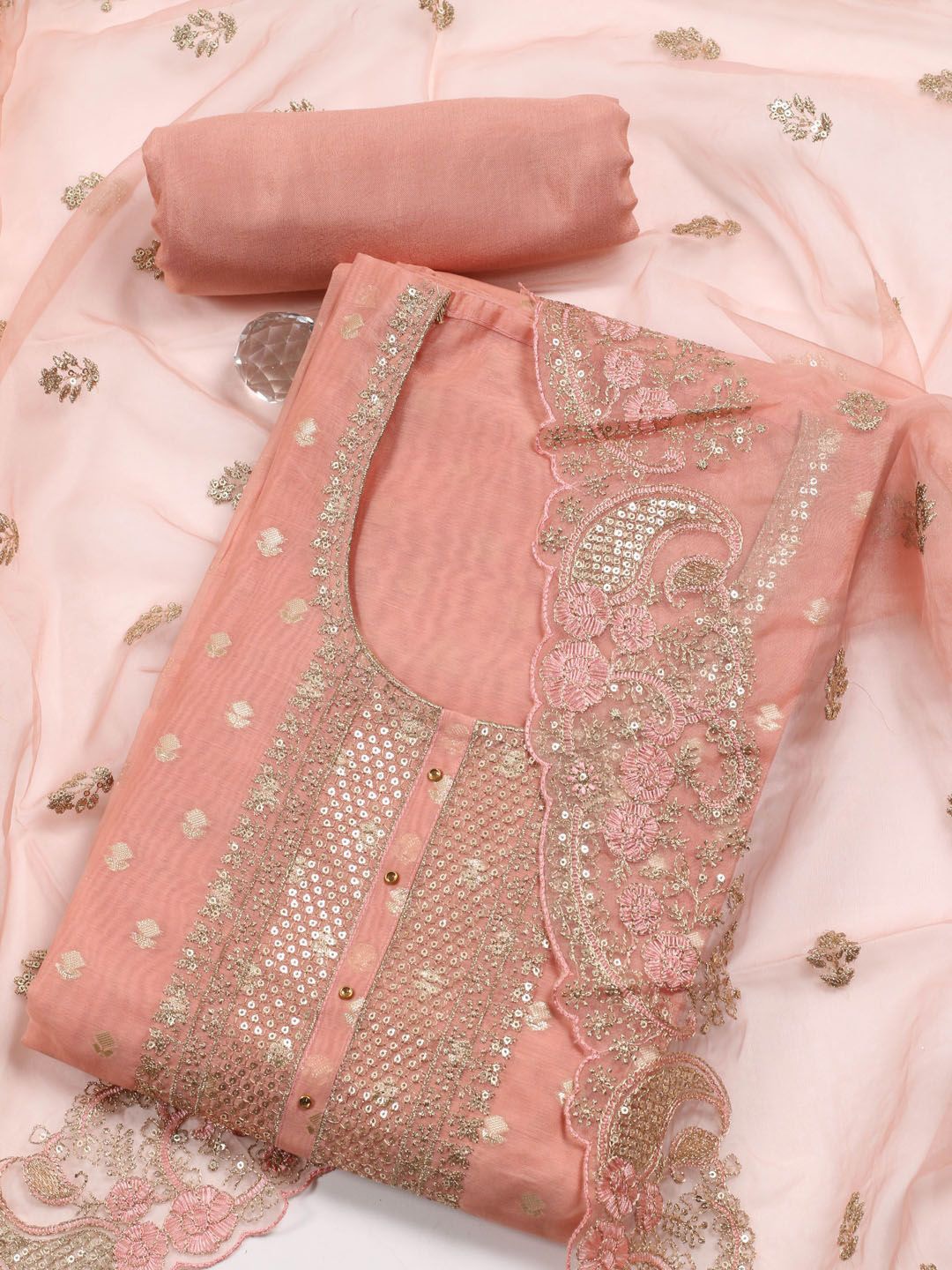 

Meena Bazaar Floral Embroidered Art Silk Unstitched Dress Material, Peach