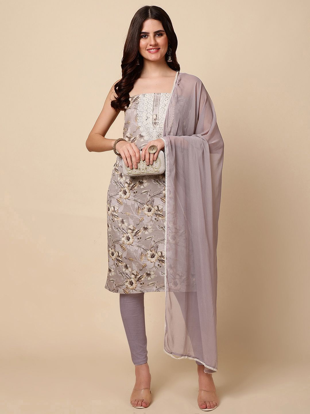 

Meena Bazaar Floral Printed Unstitched Dress Material, Grey