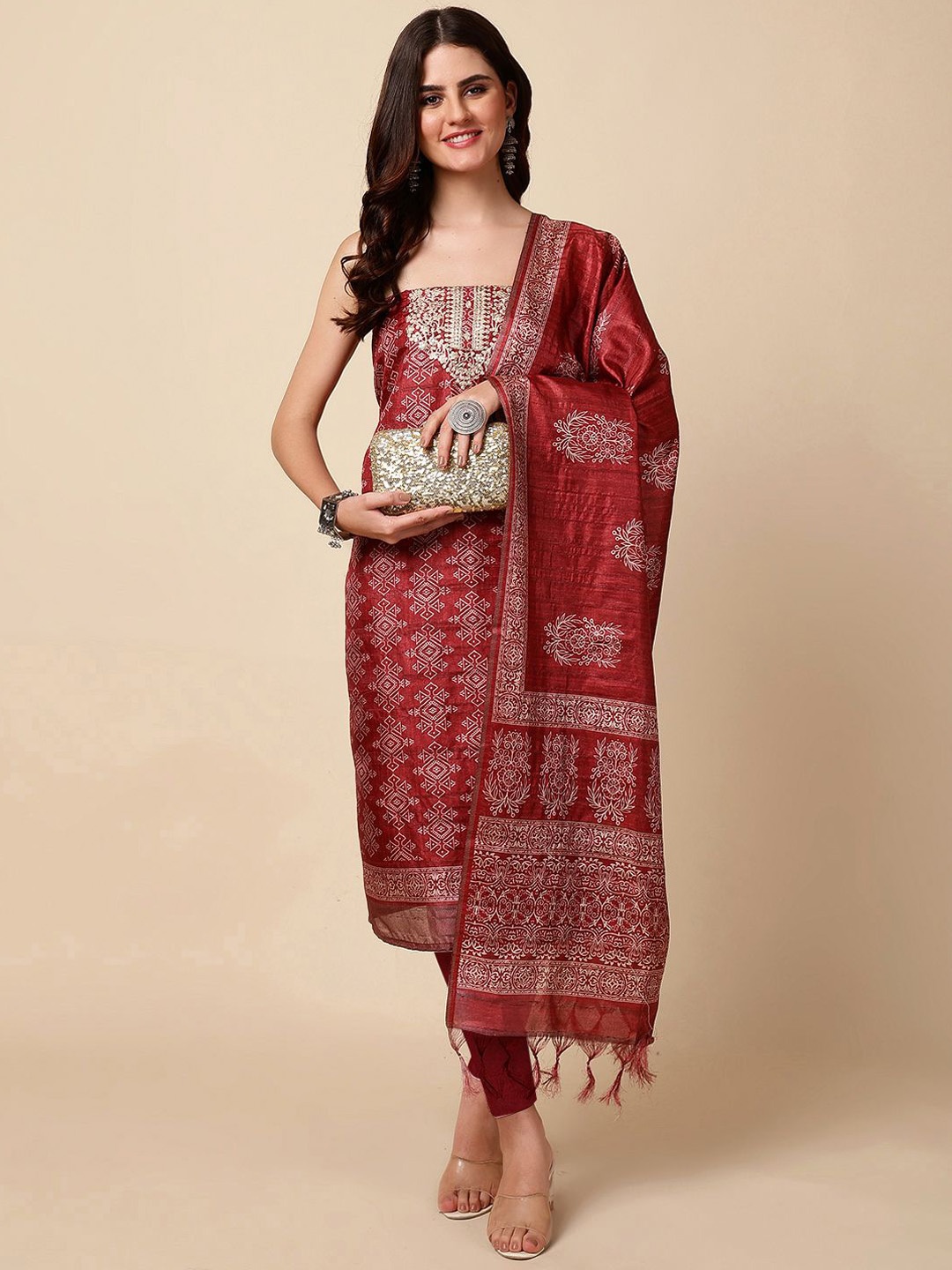 

Meena Bazaar Printed Art Silk Unstitched Dress Material, Red