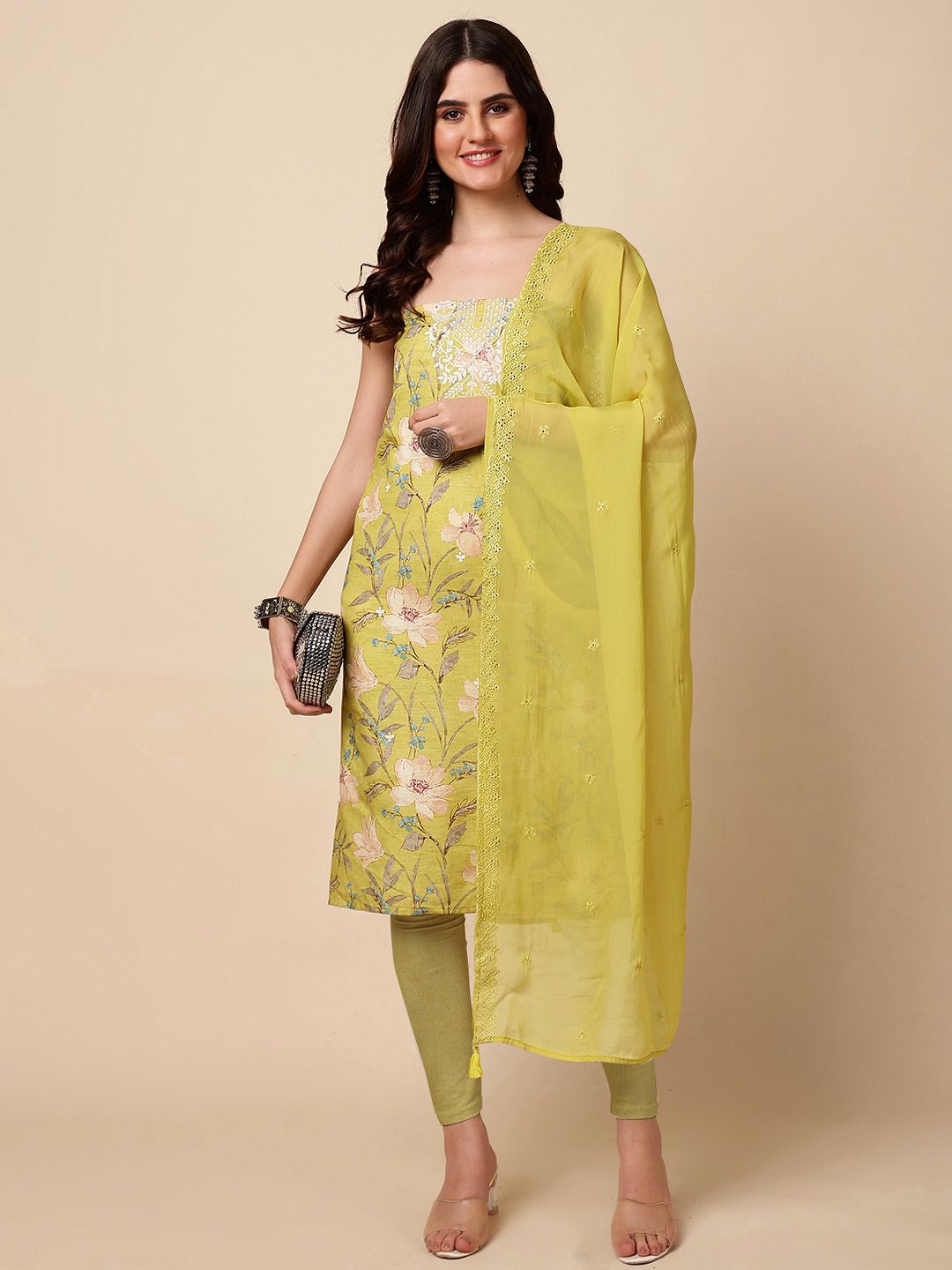 

Meena Bazaar Floral Printed Embroidered Linen Unstitched Dress Material, Green