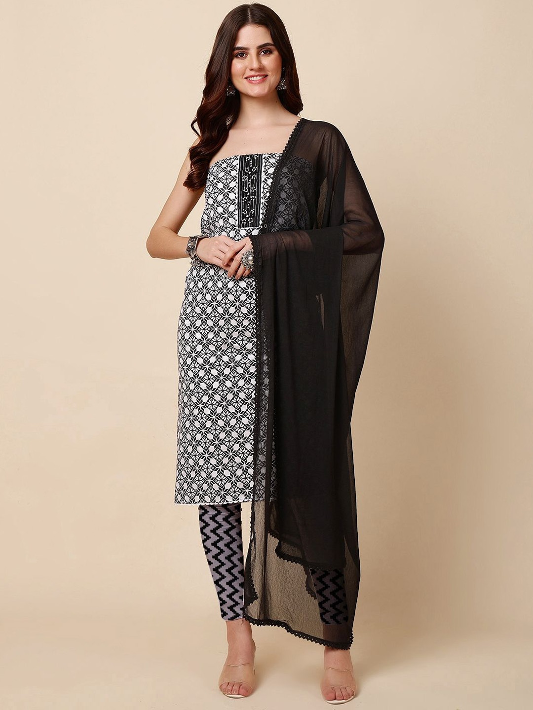 

Meena Bazaar Geometric Printed Unstitched Dress Material, Black