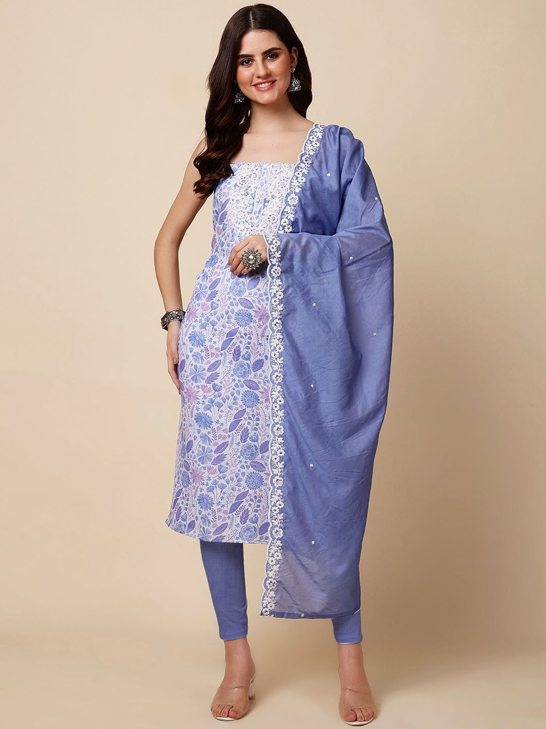 

Meena Bazaar Floral Printed Linen Unstitched Dress Material, Blue