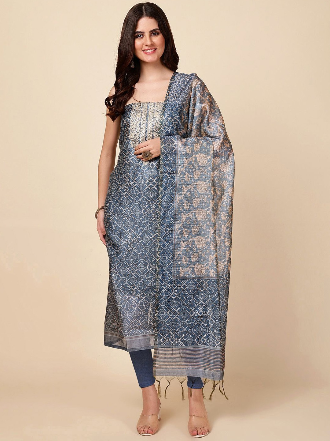 

Meena Bazaar Geometric Printed Unstitched Dress Material, Grey