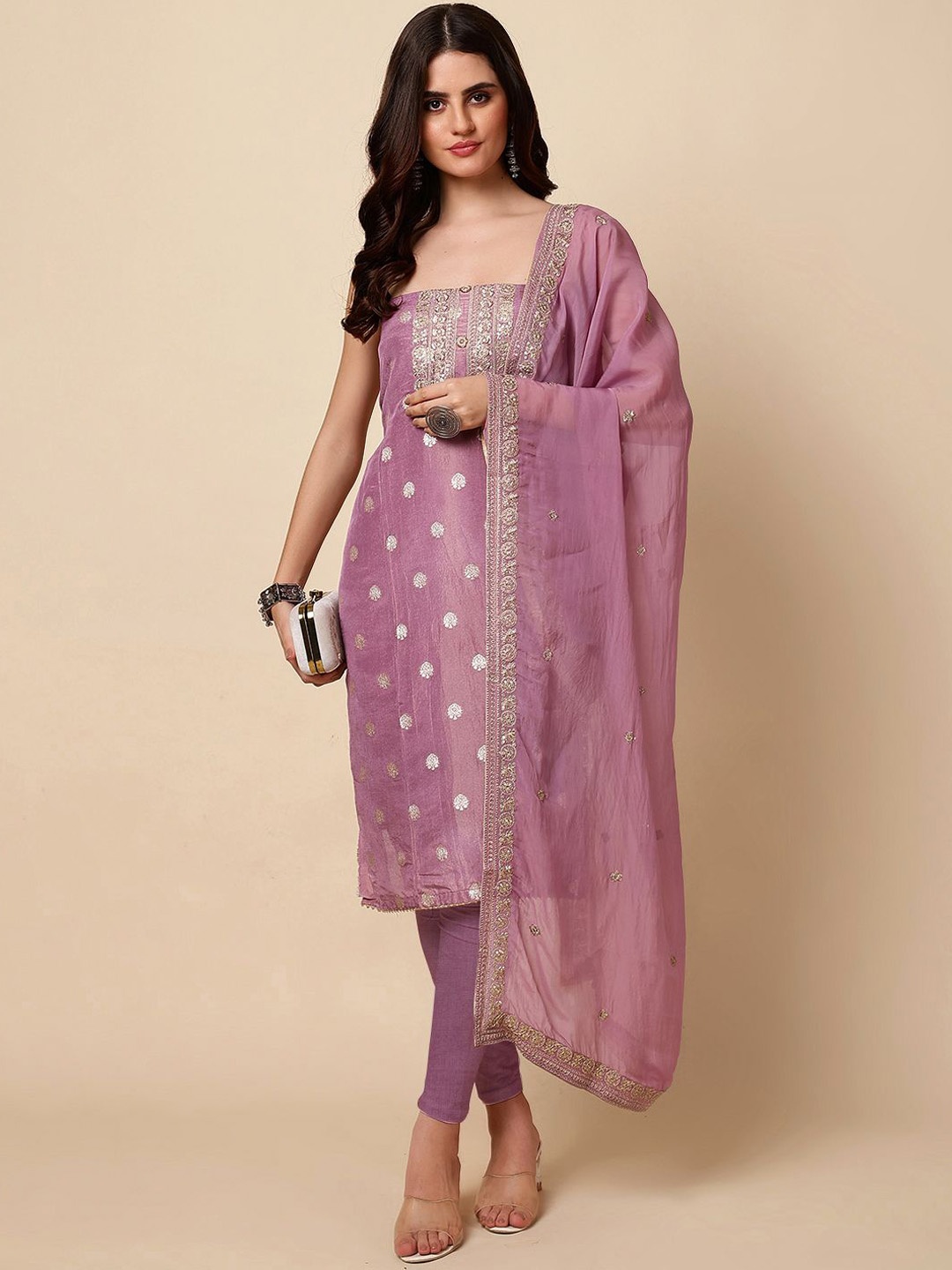 

Meena Bazaar Ethnic Motifs Woven Design Sequinned Unstitched Dress Material, Purple