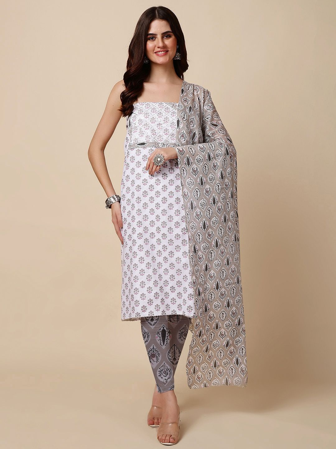 

Meena Bazaar Floral Printed Unstitched Dress Material, Cream