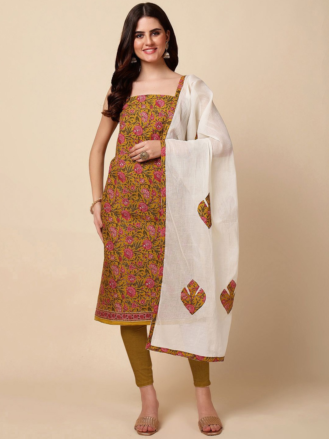 

Meena Bazaar Floral Printed Unstitched Dress Material, Mustard